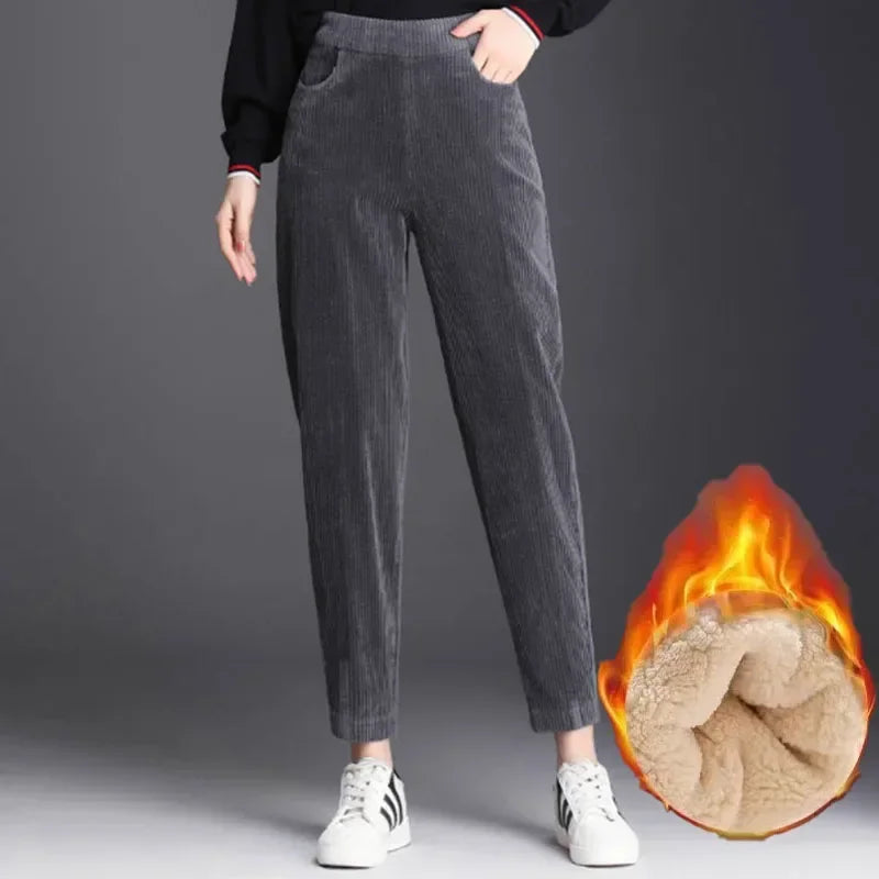 Women’s Corduroy Warm Pants, High Waist Plush Harem Trousers