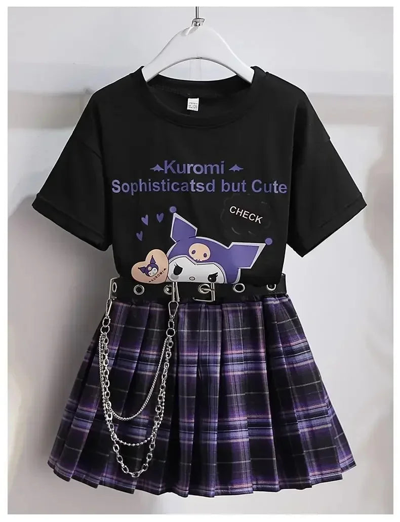 Kawaii Kuromi Skirt Suit, Sanrio Anime Preppy T-Shirt & Pleated Skirt, JK Uniform