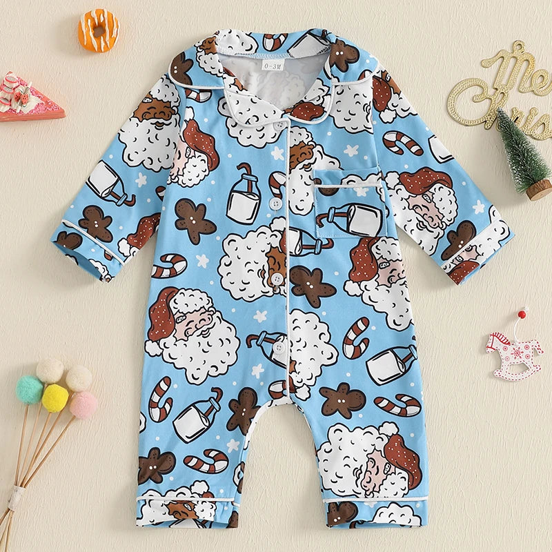 Kids Christmas Jumpsuit, Santa Print Long Sleeve Pajamas