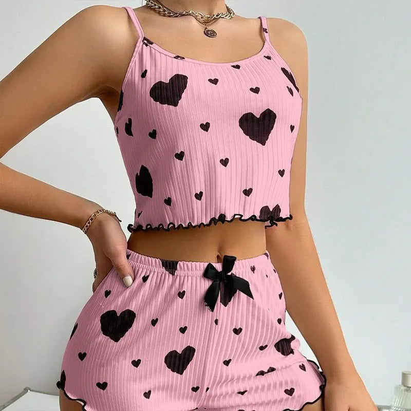 Women’s 2-Piece Pajama Set, Tank Top & Shorts, Soft Casual Sleepwear with Love Print
