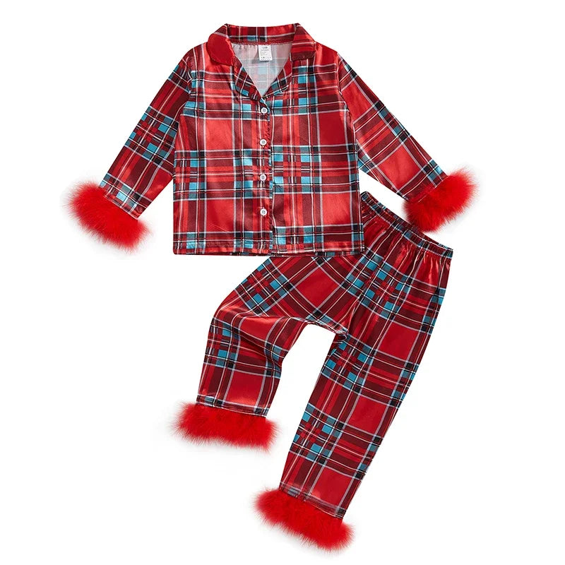 Kids Christmas Pajama Set, Feather Trim Long Sleeve Shirt & Pants (1-9Y)