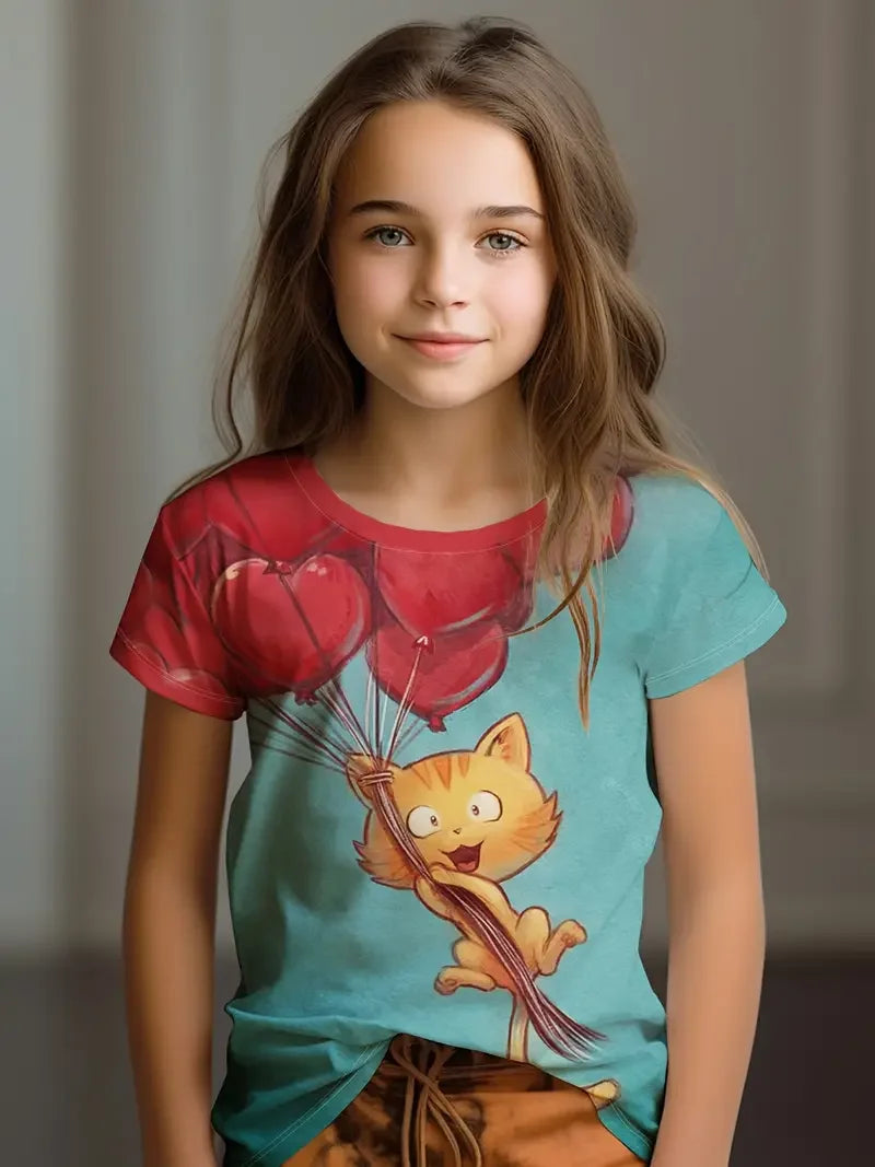 Kids T-Shirt, Cartoon Cat Kawaii Short Sleeve Top, Girls Summer Clothes