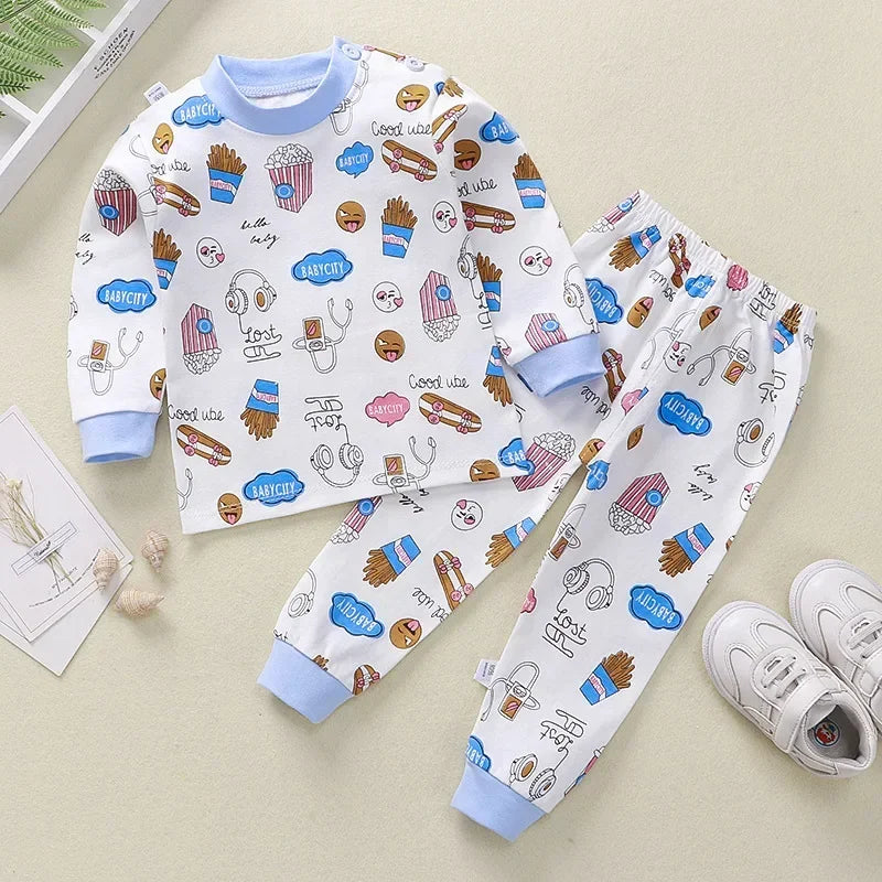 Kids Pajama Set, Cartoon Print Long Sleeve T-Shirt & Pants