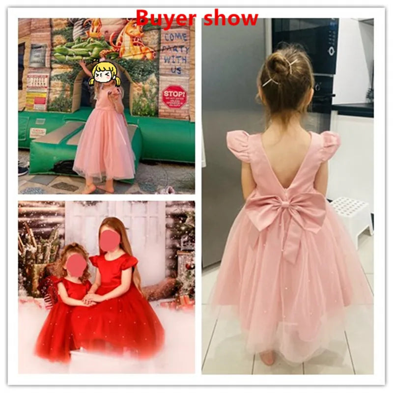 Toddler Girl Flower Tulle Dress, Backless Bow Wedding Gown, Princess Party Dress for Baby Girls