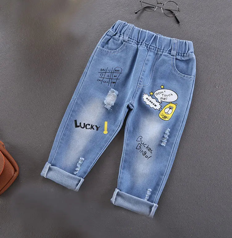 Spring Autumn Kids Boys Stretch Denim Jeans, Cotton Splice Ripped Pants