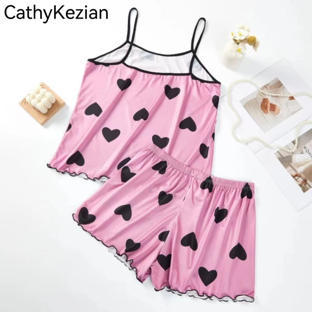 Women’s Heart Print Pajama Set, Ice Silk Camisole & Shorts, Summer Sleepwear